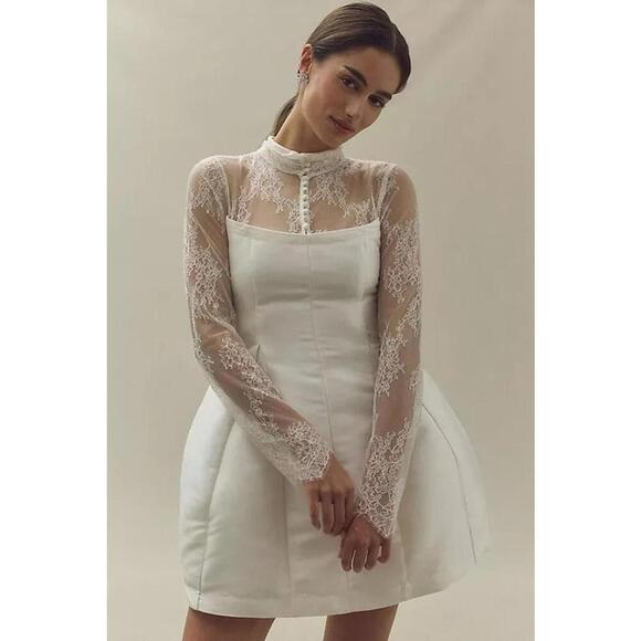 BHLDN High Neck Lace Fit & Flare Mini Skirt Dress Long Sleeves Size 2 Ivory - Picture 1 of 4